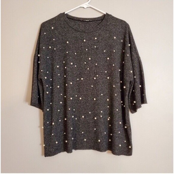 ZARA Pearl Buttery Soft Touch Sweater Charcoal Grey Oversized 3/4 Sleeves SZ S - Picture 3 of 12